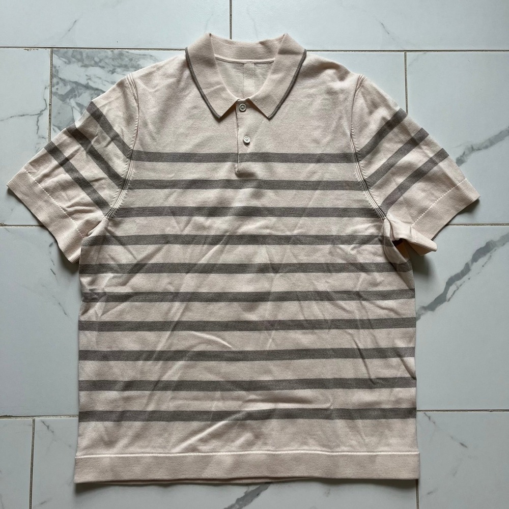Lululemon New Venture Short-Sleeve Knit Polo Shirt cream tan stripe sz large